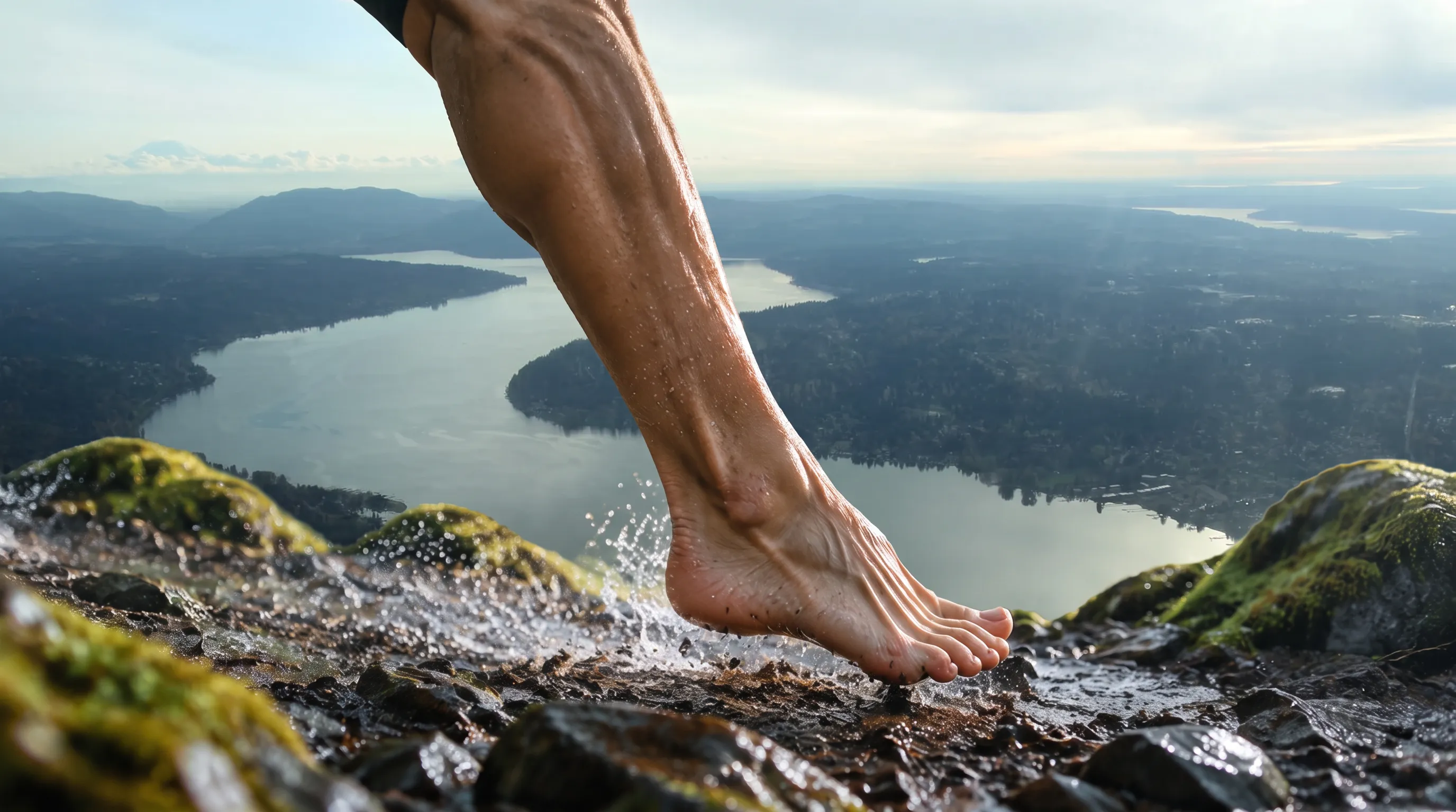 Illustrative foot on a mountain trail overlooking a Pacific Northwest lake