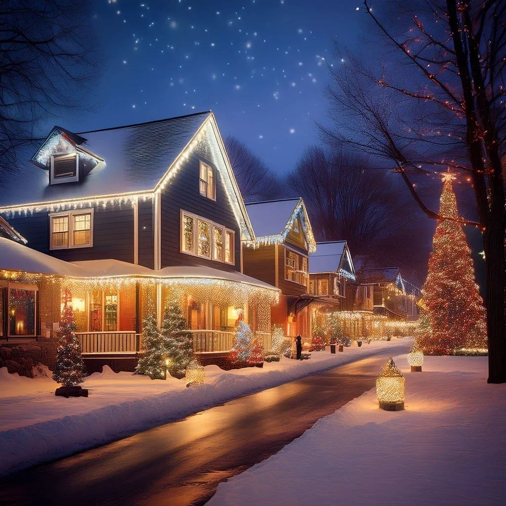 Festive holiday lights at night