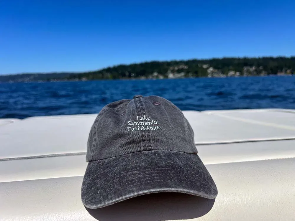 Hat with "Lake Sammamish Foot & Ankle" embroidered